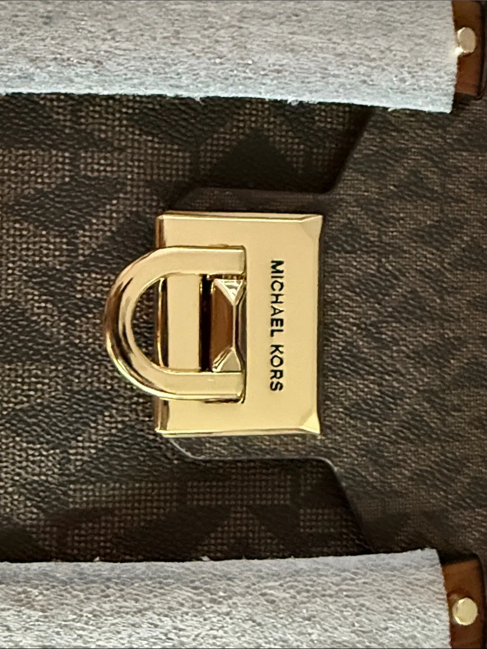 Michael Kors Brown Logo Satchel with Tan Trim and Gold Hardware